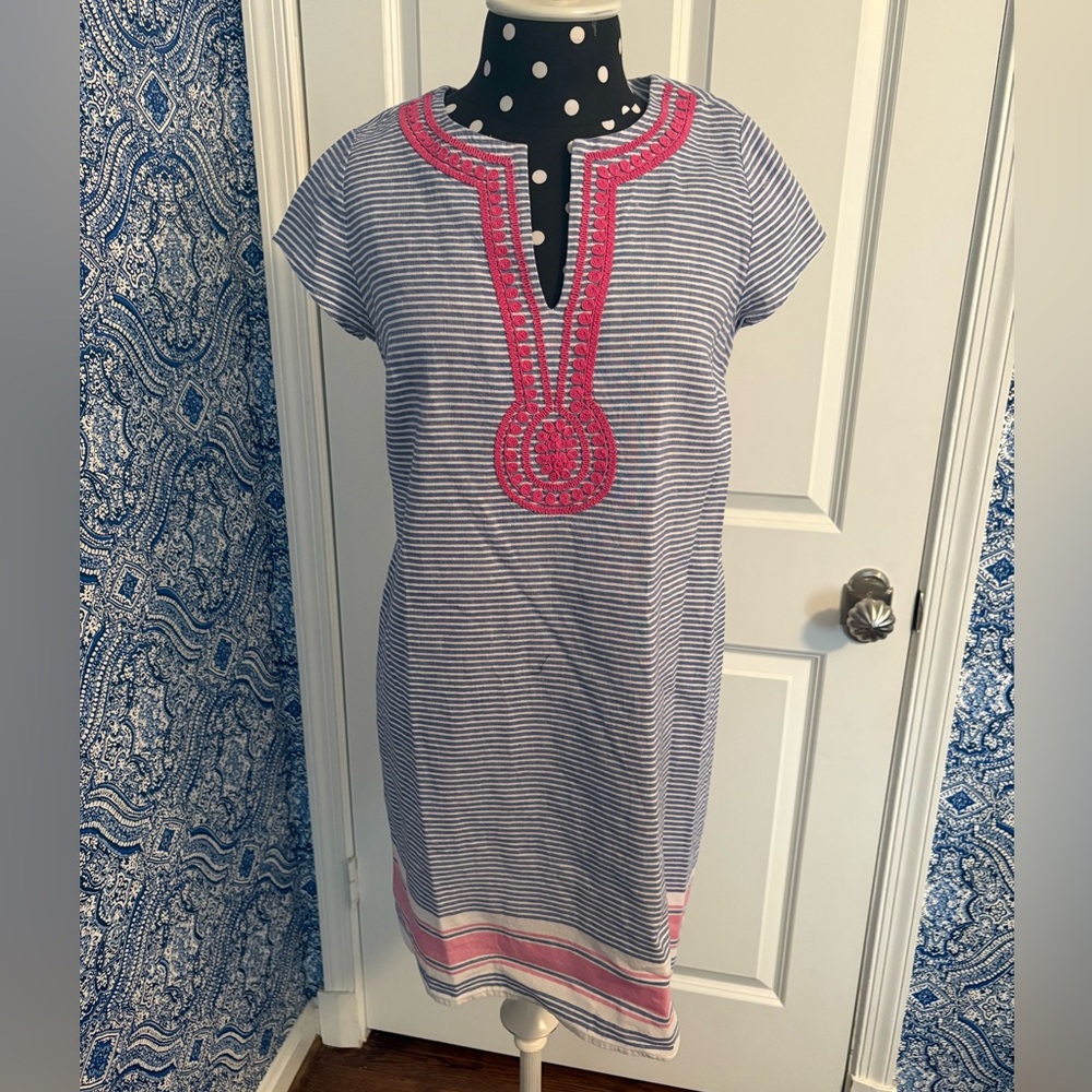 Vineyard Vines Blue White Striped Pink Embroidered Linen Tunic Dress Size 4